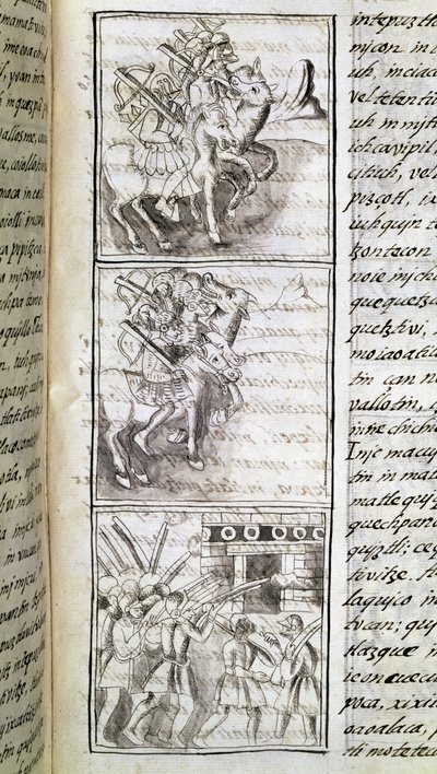 Codex om erövringen av Mexiko: spanjorerna redo att anfalla staden Tenochtitian. Miniatyr av det florentinska manuskriptet "Storia degli Aztechi" (Aztekernas historia) av Bernardino de Sahagun av Spanish School