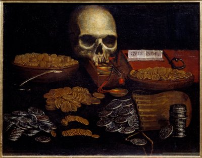 Coin Vanity Allegori om att fördriva tid och död, rikedom och mänskliga nöjen. Målning av Spanska skolan. 1600-talets Rouen, Museum of Fine Arts av Spanish School