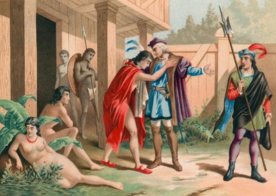 Columbus säger adjö till chefen Guacanagarix i Hispaniola av Spanish School