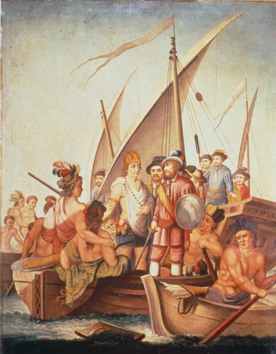 Erövring av Mexiko: Garcia de Holguin fångar Guatimozin (olja ombord) av Spanish School