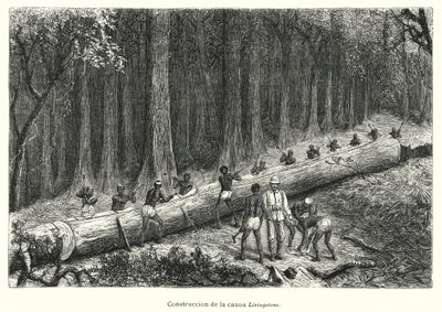 Konstruktion av kanoten Livingstone, Kongo (litho) av Spanish School