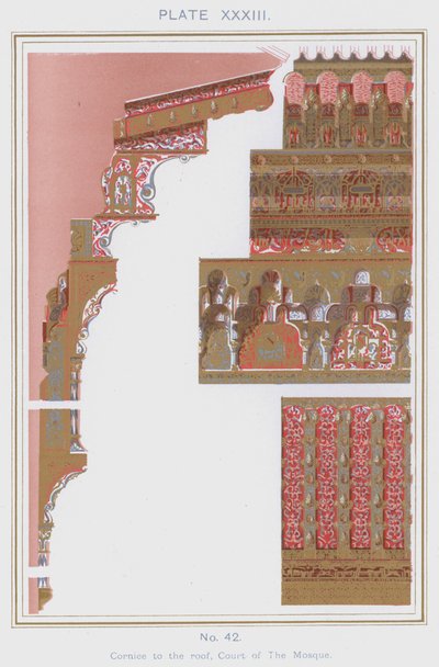 Gesims till taket, Court of the Mosque (färg litho) av Spanish School