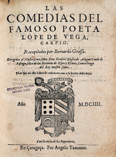 Omslag till den berömda poeten Lope de Vegas komedier, av Felix Lope de Vega Carpio (1562-1635), upplaga av 1604 (tryckt monografi) av Spanish School