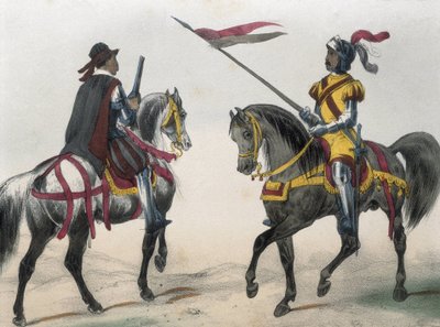DE SOTTO, Serafin Maria, Earl of Clonard (1793 - 1862). Historia organica de las armas de Infanteria y Caballeria espanolas. 1851 - 1859. Kavallerister under Phillip II av Spaniens regeringstid. "Heraldo de caballeria" (vapenherold) och "hombre de armas" ( av Spanish School