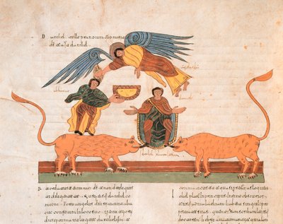 Daniel i lejonhålan, från St. Isidores visigotisk-mozarabiska bibel, fol.325v., A.D. 960 (tempera på vellum) av Spanish School