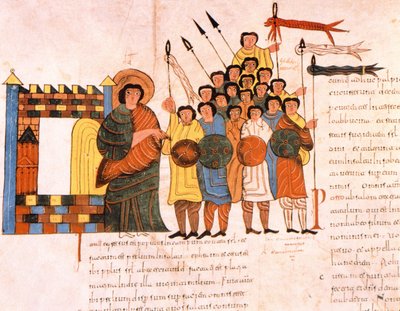 Avgång av kung Davids armé för krig, från St. Isidores visigotisk-mozarabiska bibel, fol.131v., A.D. 960 (tempera på vellum) av Spanish School