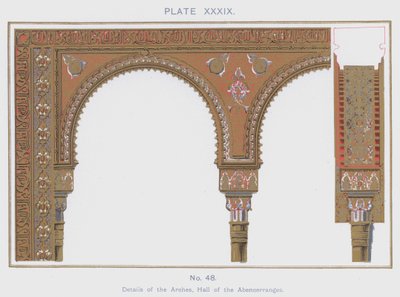 Detaljer om bågarna, Hall of the Abencerranges (färg litho) av Spanish School