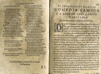 ESPINEL, Vicente (1550-1624). Spansk musiker och klassisk poet; VEGA CARPIO, Felix Lope de (1562-1635). "El cavallero de Yllescas", komedi som ingår i "Parte catorze de las comedias de Lope de Vega", sammanställning utgiven i Madrid av änkan efter Fernan av Spanish School