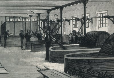 Ekonomi (1800-talet). Pappersfabrik i Spanien "" La Guipuzcoana "". Cylinderrum och tvättare av fabriken i Tolosa (Guipuzcoa). gravyr av Spanish School