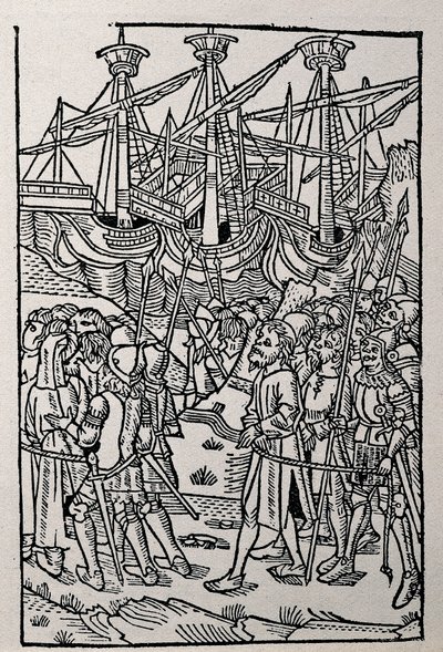 Gravyr i Vespasianus historia, tryckt 1495 i Zaragoza (s/v illustration) av Spanish School