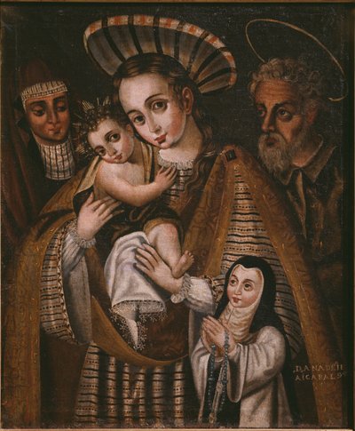 Ex voto, helig familj med St. Anne och nunnan i klostret, Ana de Ibaizabal av Spanish School