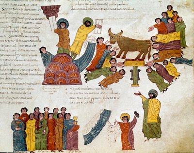 Exodus: "" tillbedjan av guldkalven""" Moses och lagens tabeller. Miniatyr från en mozarabisk bibel. 900-talet. Leon. Bibliotek för Royal Collegiale of Saint Isidore. Spanien av Spanish School