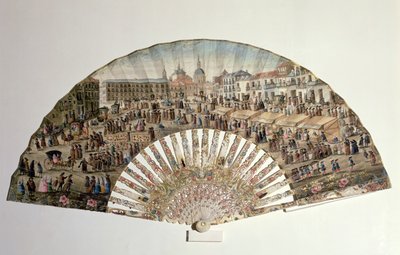 Fläkt som visar Plaza de la Cebada, Madrid (elfenben och gouache på papper) av Spanish School