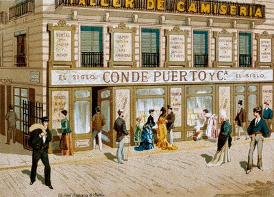 Mode: reklamaffisch för tygaffären "" Conde Puerto "" boutique Barcelona. 1800-talet av Spanish School