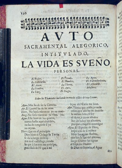 Första sidan av La Vida es Sueno från Los Autos Sacramentales av Pedro Calderon de la Barca (1600-81) redigerad av Juan Garcia Infanzon, 1690 (tryckt papper) av Spanish School