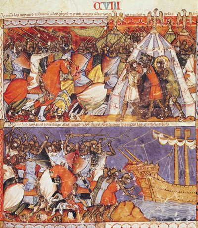 Fol.108r Trojanerna invaderar det grekiska lägret och sätter eld på de grekiska skeppen, från Codex Benito de Santa Mora av Spanish School
