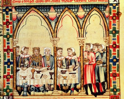 Fol.16v förlovningsbankett, från manuskriptet gjort under ledning av Alfonso X Den vise kungen av Castilla och Leon av Spanish School