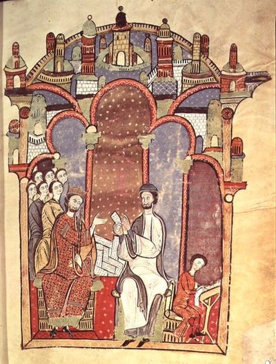 Fol.1r Scen vid hovet med skriftlärda, från Liber feudorum maior av Spanish School