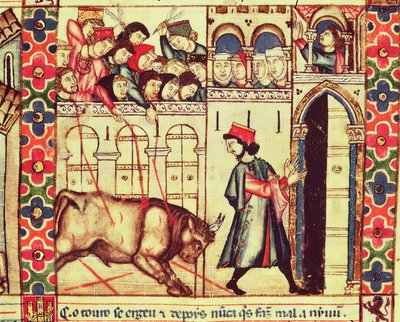Fol.200r En tjurs död i ringen, från manuskriptet gjort under ledning av Alfonso X Den vise kungen av Kastilien och Leon av Spanish School