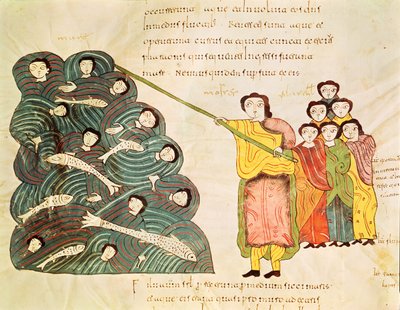 Fol.39v Moses stänger Röda havet för egyptierna, från Bibeln Mozarabe av Spanish School