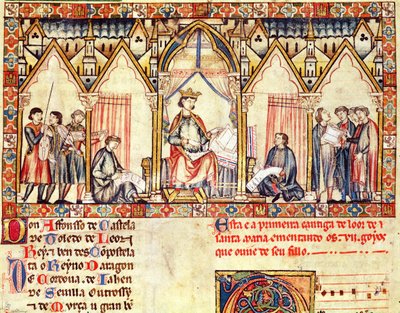 Fol.5r Hovet till Alfonso X (1221-84) den vise, kungen av Kastilien och Leon, miniatyr från Cantigas de Santa Maria av Spanish School