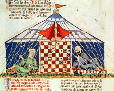 Fol.62v Två araber som spelar schack i ett tält, från Boken om spel, schack, tärningar och brädor, 1282 av Spanish School
