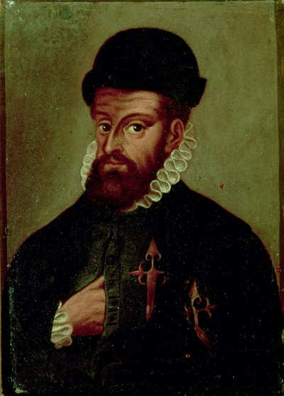 Francisco Pizarro (1478-1541) spansk conquistador (olja på panel) av Spanish School