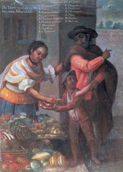 From a Coloured Man and a Mulatto Springs a Dark Child (olja på duk) av Spanish School