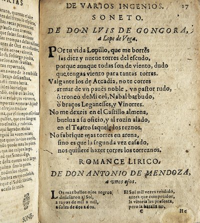 GOGOORA Y ARGOTE, Luis de (1561-1627). Spansk poet från det gyllene århundradet; VEGA CARPIO, Felix Lope de (1562-1635). Soneto a Lope de Vega" (Sonett till Lope de Vega), dikt som ingår i "Poesias varias de grandes ingenios espanoles", sammanställning gjo av Spanish School