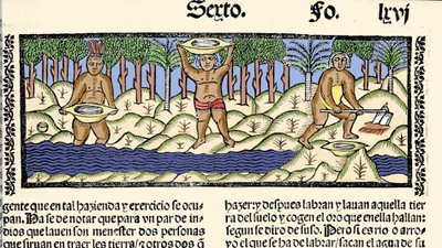 Guldbrytning: ursprungsbefolkningen sållar floden på jakt efter guld. Gravyr från boken "General history of the Indies, islands and fastland of the ocean sea"" av Gonzalo Fernandez de Oviedo (Gonzalo) eller Fernandez de, ou Hernandez de Oviedo y Valdes (14 av Spanish School