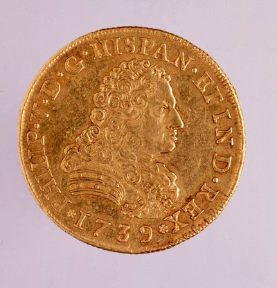 Guldmynt (8 ecu) från Spanien: Filips (Filippo eller Philippe) V:s regeringstid (1700-1746). 1739 Diam. 3,6 cm Neapel, museo archeologico av Spanish School