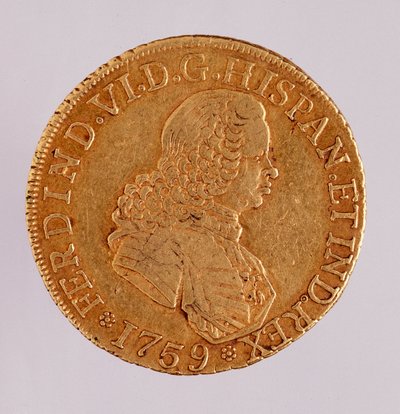 Guldmynt (8 ecu) från Spanien: Ferdinand VI:s regeringstid (1746-1759). 1759 Diameter. 3,5 cm Neapel, arkeologiskt museum av Spanish School