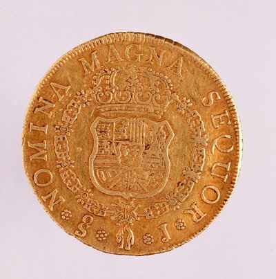 Guldmynt (8 ecu) från Spanien: Ferdinand VI:s regeringstid (1746-1759). 1759 Diameter. 3,5 cm Neapel, arkeologiskt museum av Spanish School