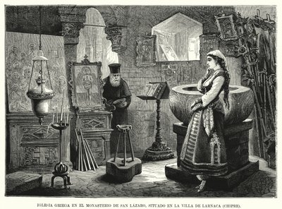 Grekisk-ortodoxa kyrkan i klostret St Lazarus, Larnaca, Cypern (litho) av Spanish School