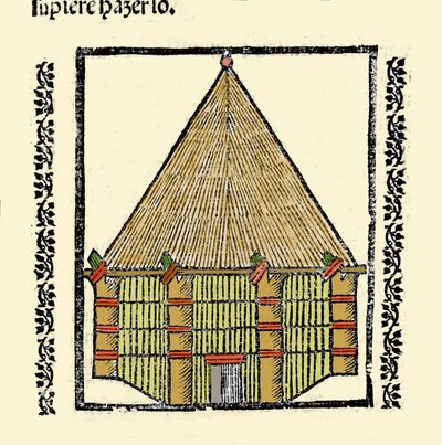 Habitat: beskrivning av Cabane des Indigenes Caraibes. Gravyr från boken "Indiens, öarnas och fastlandets allmänna historia"" av Gonzalo Fernandez de Oviedo (Gonzalo) eller Fernandez de, ou Hernandez de Oviedo y Valdes (1478-1557) av Spanish School