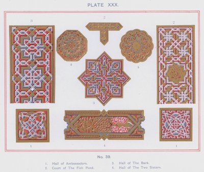 Hall of Ambassadors, Court of The Fish Pond, Hall of The Bark, Hall of The Two Sisters (färg litho) av Spanish School