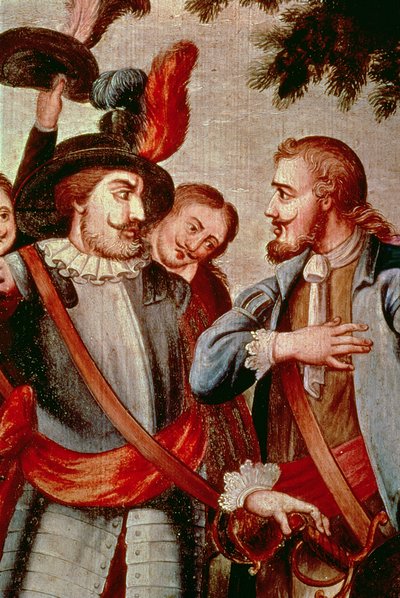 Hernando Cortes (1485-1547) och Diego di Velasquez (1465-1524) (olja på duk) (detalj) (se 113574) av Spanish School