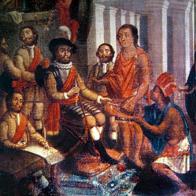 Hernando Cortes (1485-1547) tar emot aztekernas hyllning (olja på duk) av Spanish School