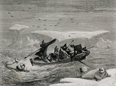 Jaga valross med harpuner på Spetsbergen, Svalbards skärgård, illustration från 