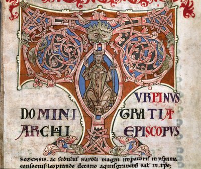 Initial T med en avbildning av Karl den Store, illustration från Codex Calixtinus, ca 1140 av Spanish School