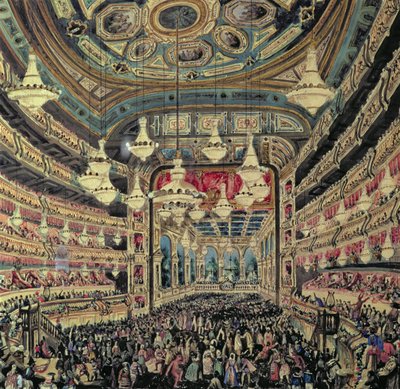 Interiörvy av "Great Lyceum" under en karneval före branden som förstörde teatern (olja på duk) av Spanish School