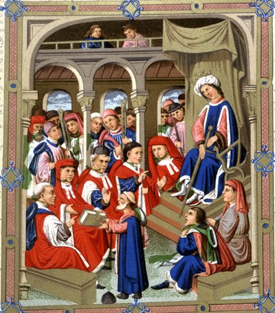 Jaume Marquilles ger sin bok till Barcelonas rådgivare i närvaro av kung Alfons IV den storsinta,1400-talet (manuskript) av Spanish School