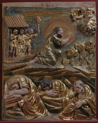 Jesus i Getsemane trädgård, detalj av en renässansaltartavla (målat och förgyllt trä) av Spanish School