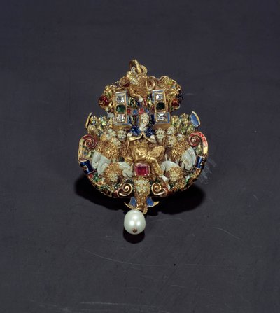 Smycken: diamanthänge, emalj på guldrund, smaragd och pärla som föreställer Daniel i lejongropen. 1550-1600. Från Spanien. Paris, Louvren av Spanish School