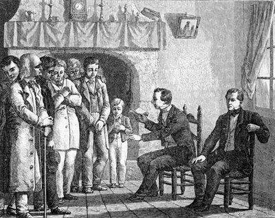 Joseph Smith, grundare av mormonkyrkan, läser från Mormons bok till tidiga mormonomvändare, från 