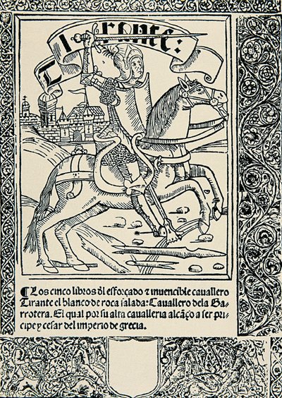 Riddare på sitt berg, Frontispice av det spanska verket Tirant lo Blanc av Joanot MARTORELL (1413-1468) av Spanish School
