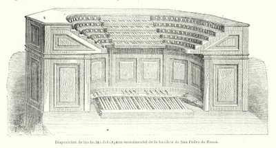 Layout av nycklarna till den monumentala orgeln i Peterskyrkan, Rom (litho) av Spanish School