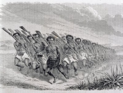 Maori Warriors Performing a War Dance, illustration från "The Return to the World" (gravyr) av Spanish School