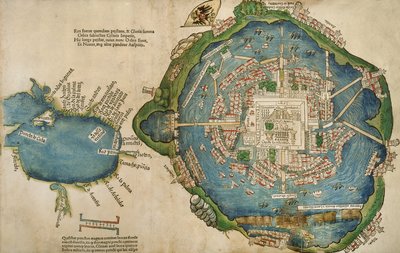 Karta över Tenochtitlan och Mexikanska golfen, från Praeclara Ferdinadi Cortesii de Nova maris Oceani Hyspania Narratio av Hernando Cortes (1485-1547) 1524 av Spanish School