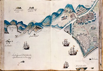 Karta över en del av Nya Spanien, Perus kust och staden Lima, från "Kartor över Amerikas kuster i Sydhavet, från den sista befolkningen av spanjorer i dem, som är staden Compostela, och framåt" av Spanish School
